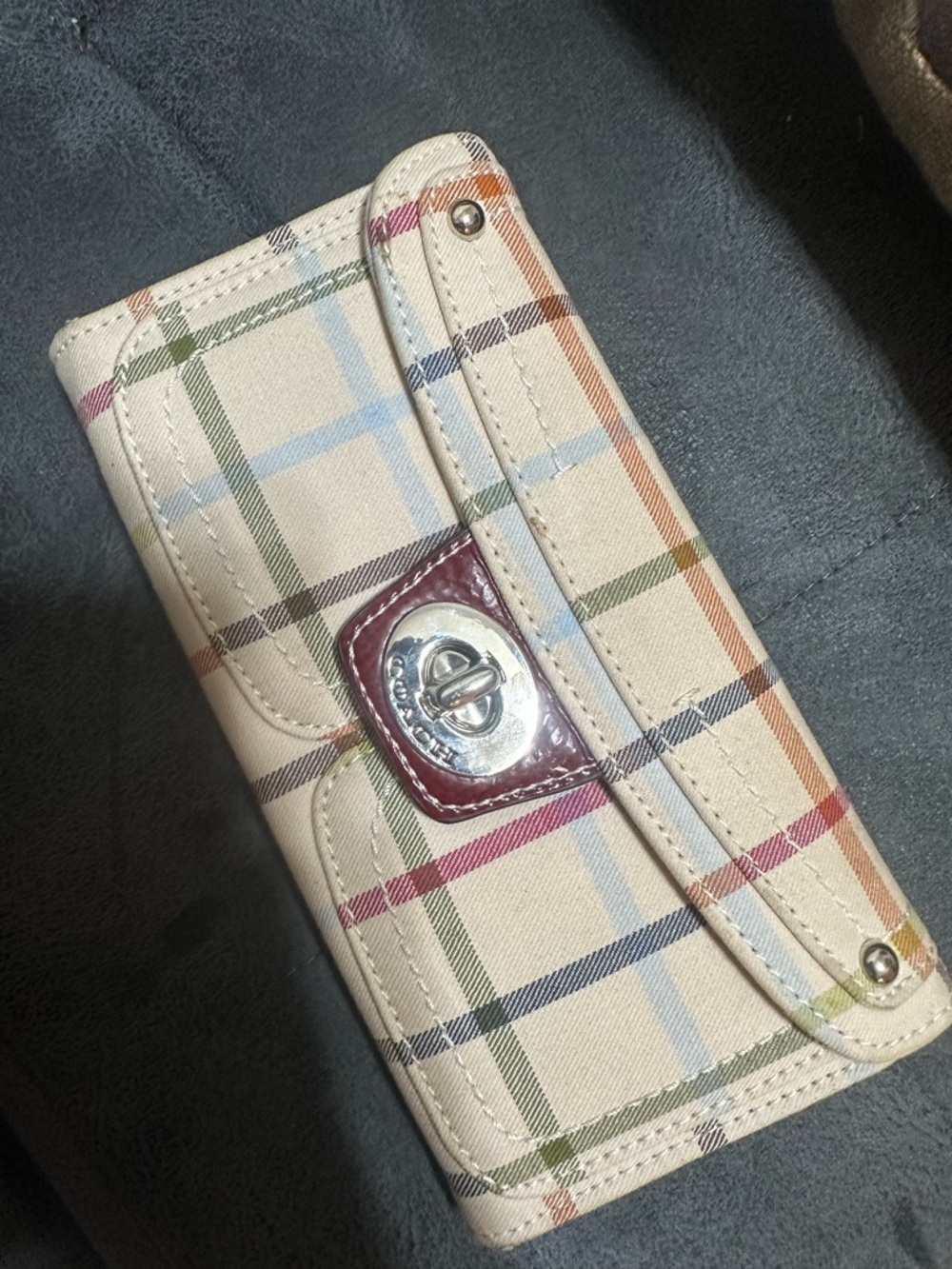 Coach Plaid Check Wallet Signature Turnlock Long Wallet Beige Multi